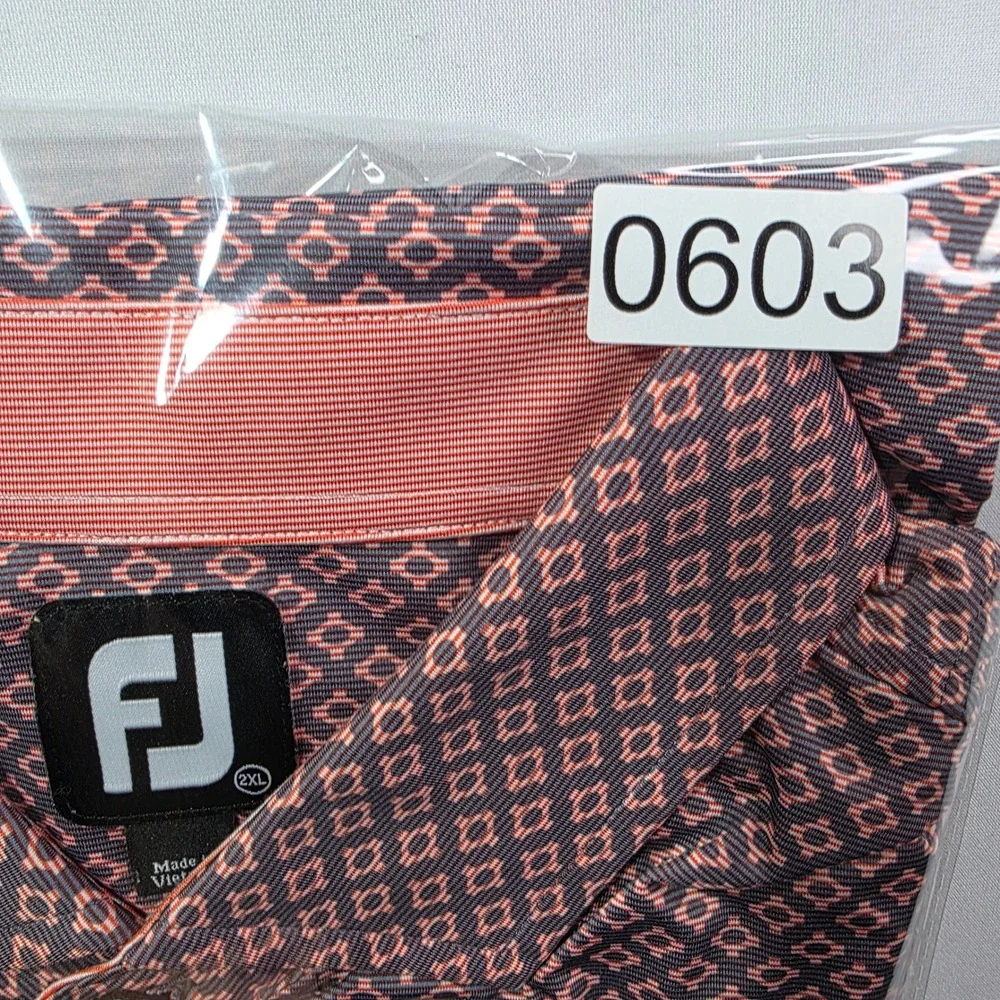 FootJoy Mens Golf Polo Shirt 2XL Coral Navy Geometric Diamond Print